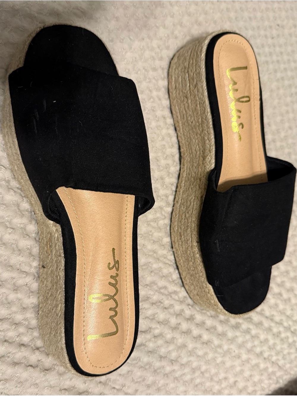 Lulu's Black Suede Espadrille Platform Slides